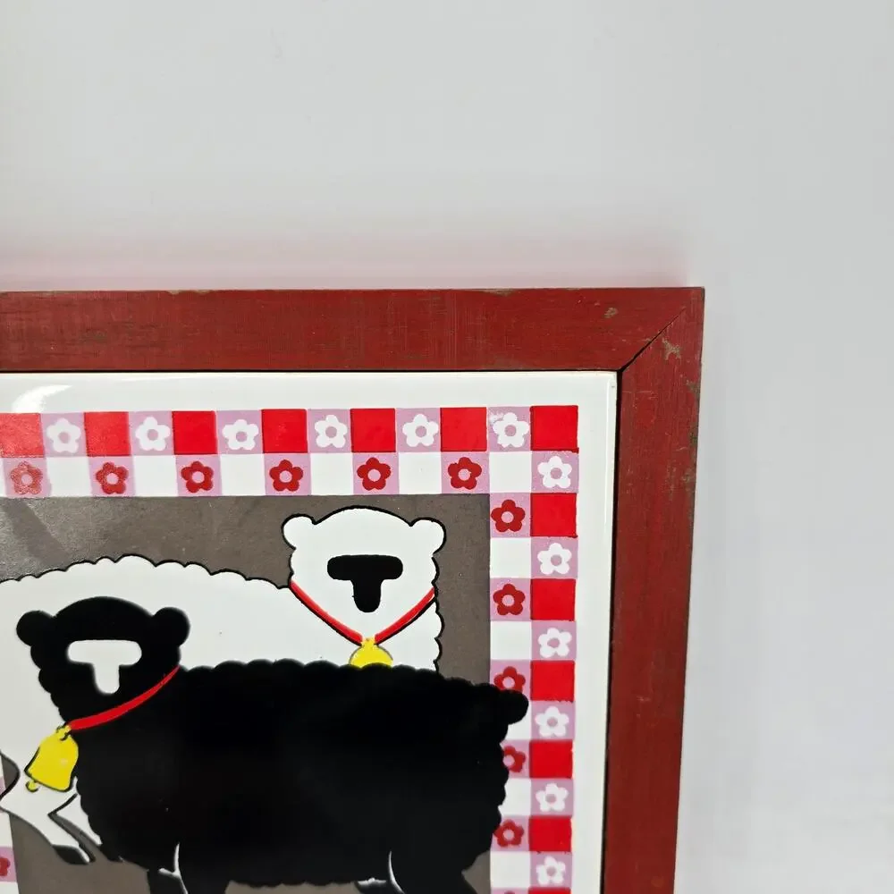 Linda Morgan Folk Art Sheep Wall Decor  Red Wood Frame Country‎ Farmhouse Trivet